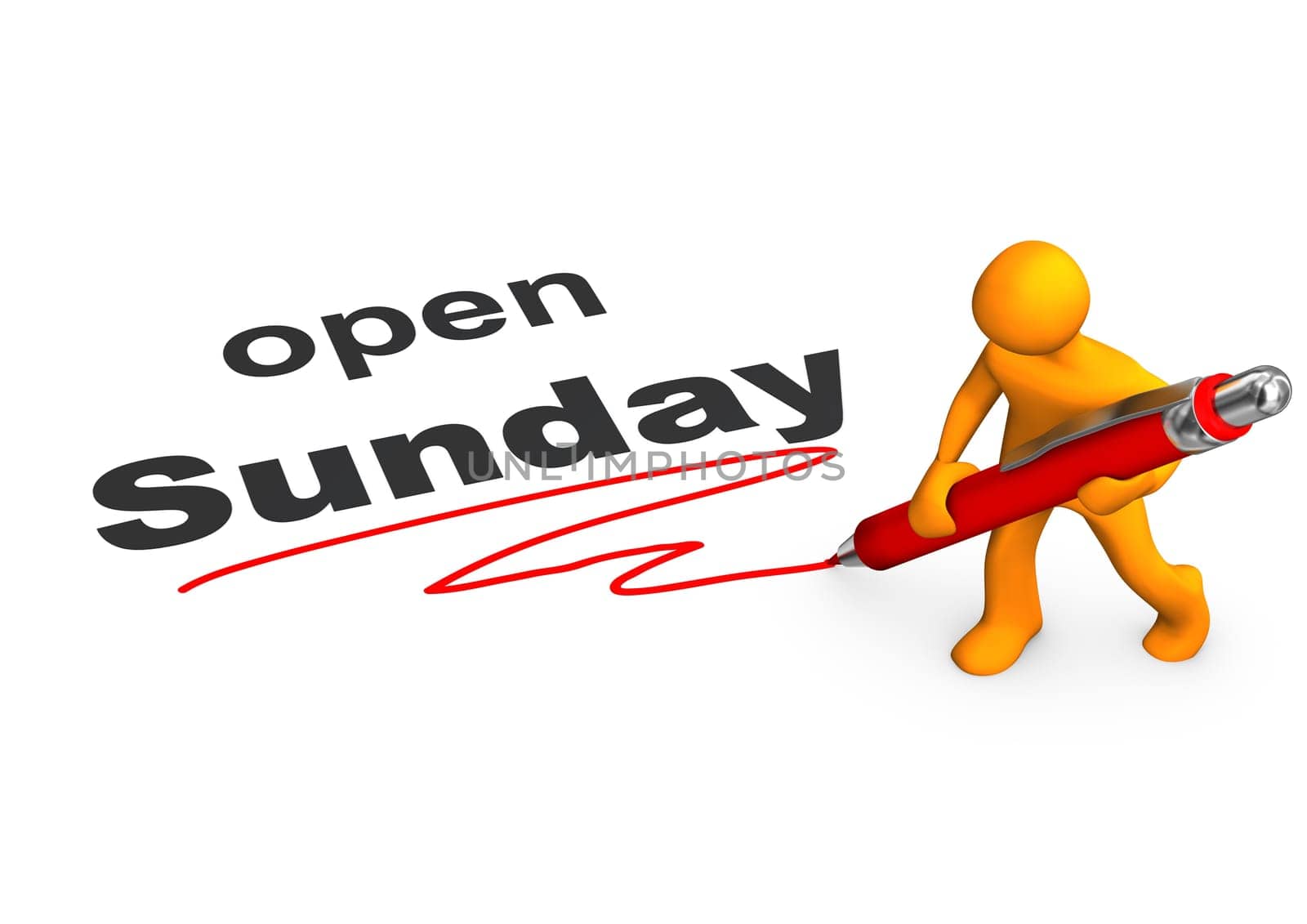 Orange cartoon character with red ballpen and text open Sunday.