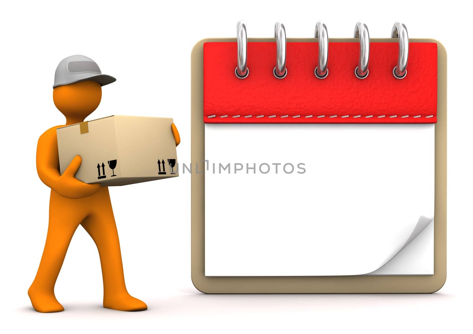 Orange cartoon character with packet and notepad. White background.