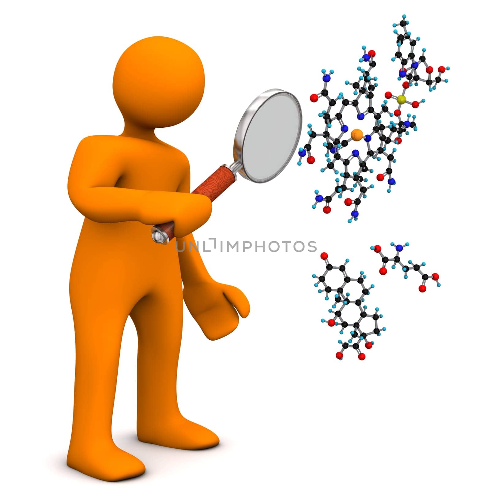 Orange cartoon character with loupe and molecule. White background.