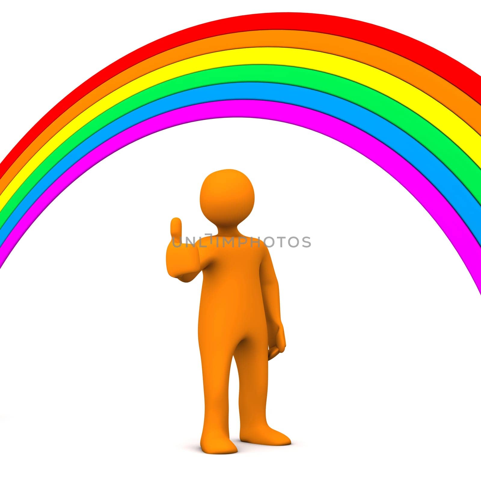 Orange cartoon character with Ok-Symbol and rainbow. White background.