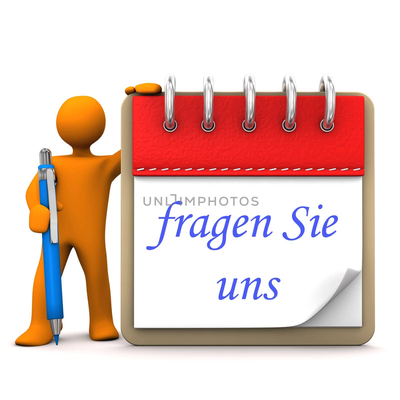 Orange cartoon character with ballpen, notepad and german text Fragen Sie uns, translate ask us.