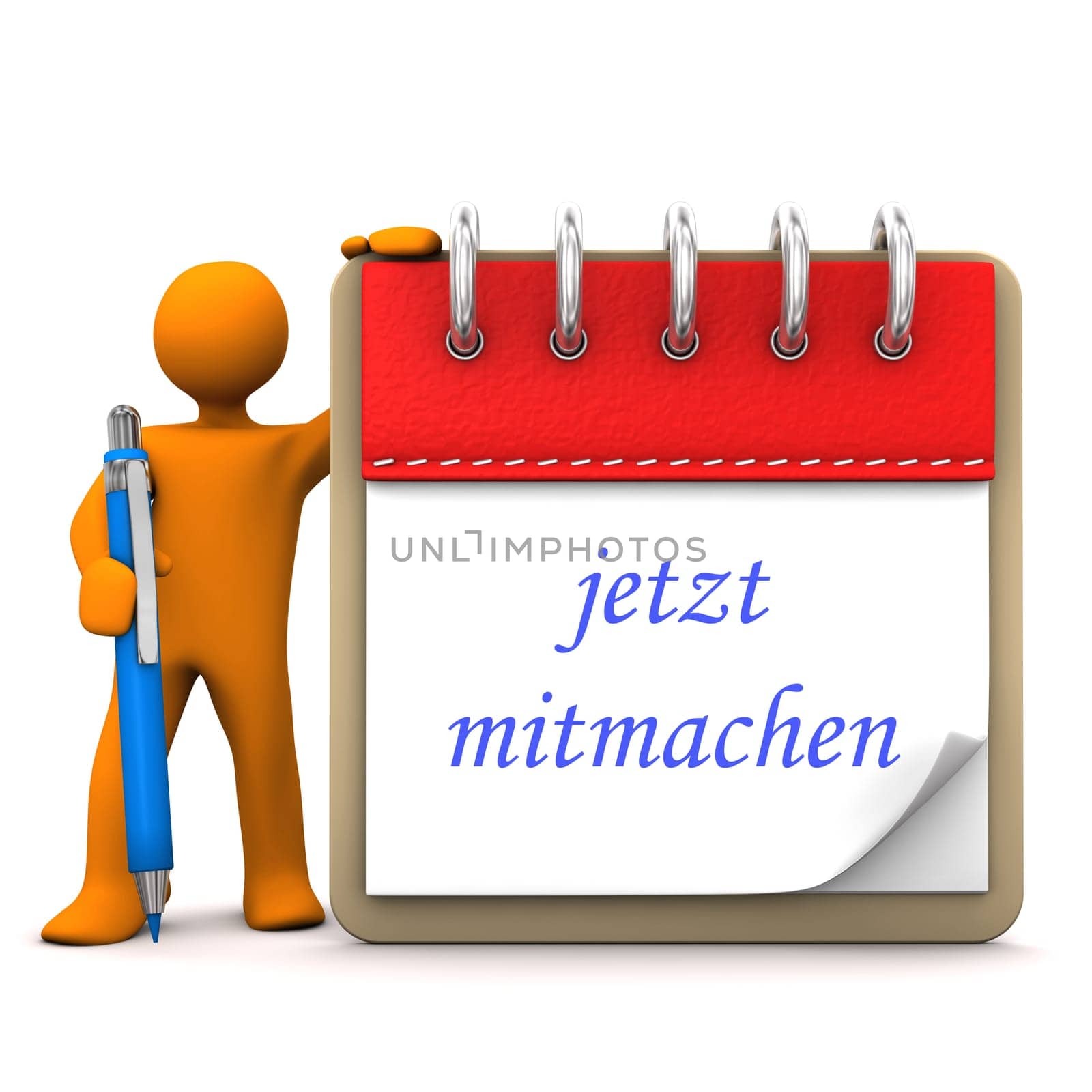 Orange cartoon character with ballpen, notepad and german text jetzt mitmachen, translate join now.