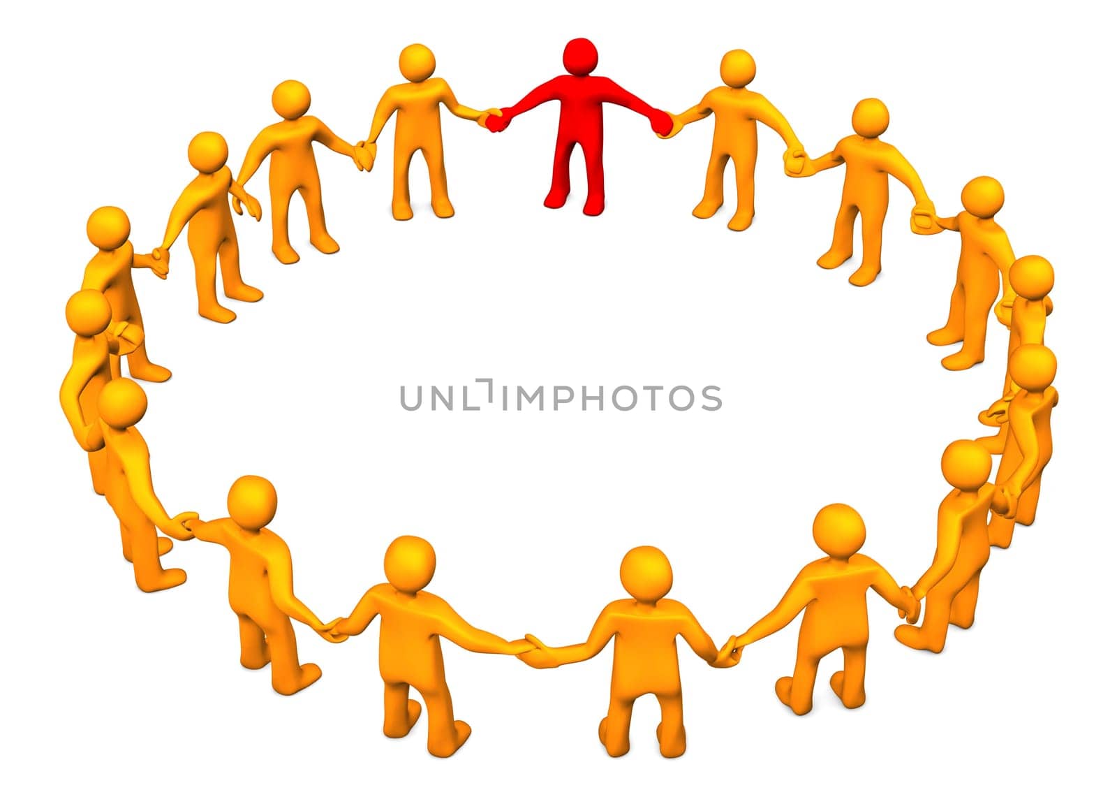 Orange cartoon characters in a circle. White background.