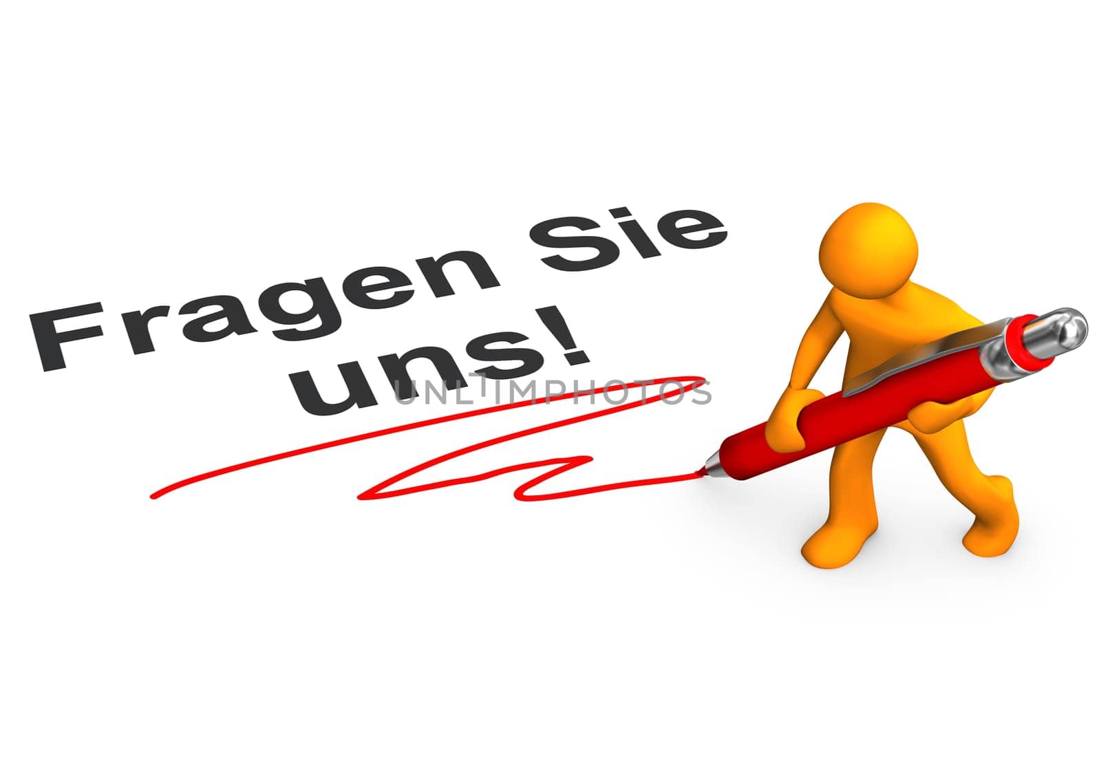 Orange cartoon character with ballpen and german text Fragen Sie uns, translate aks us.