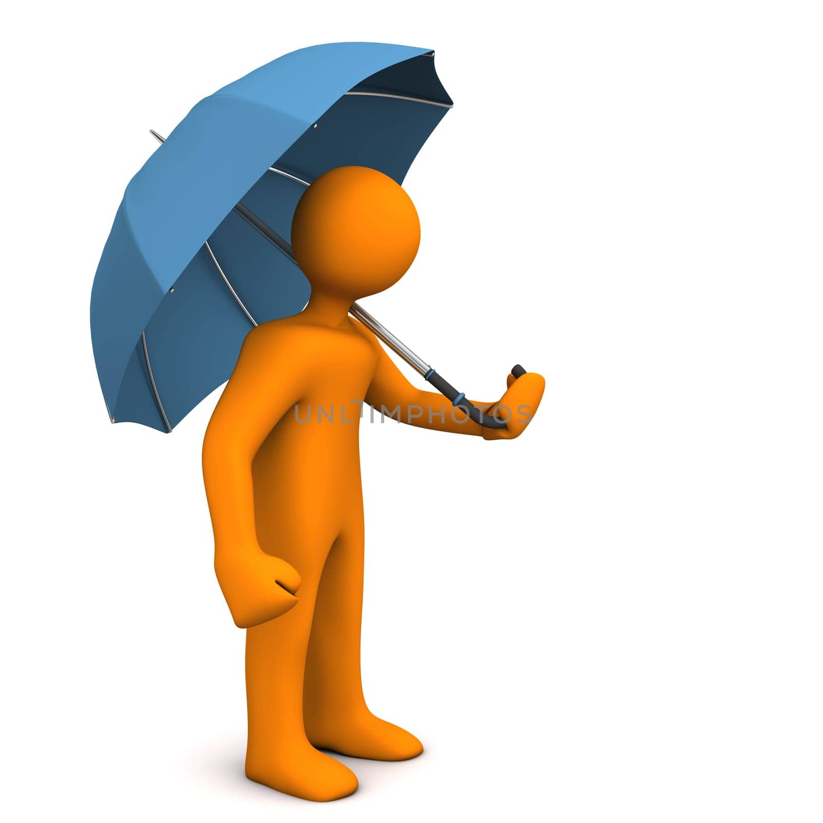 Orange cartoon characer with umbrella on the white background.