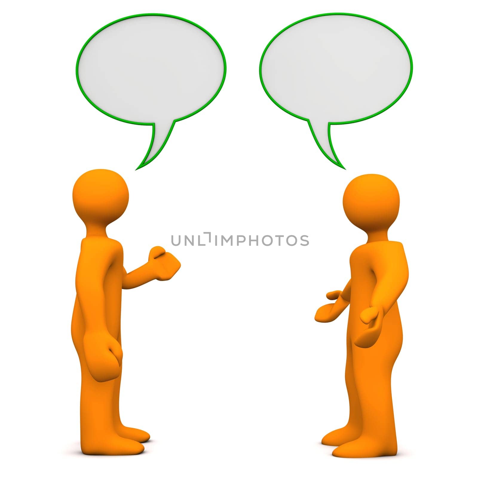 Two orange cartoon characters with speech bubbles. White background.