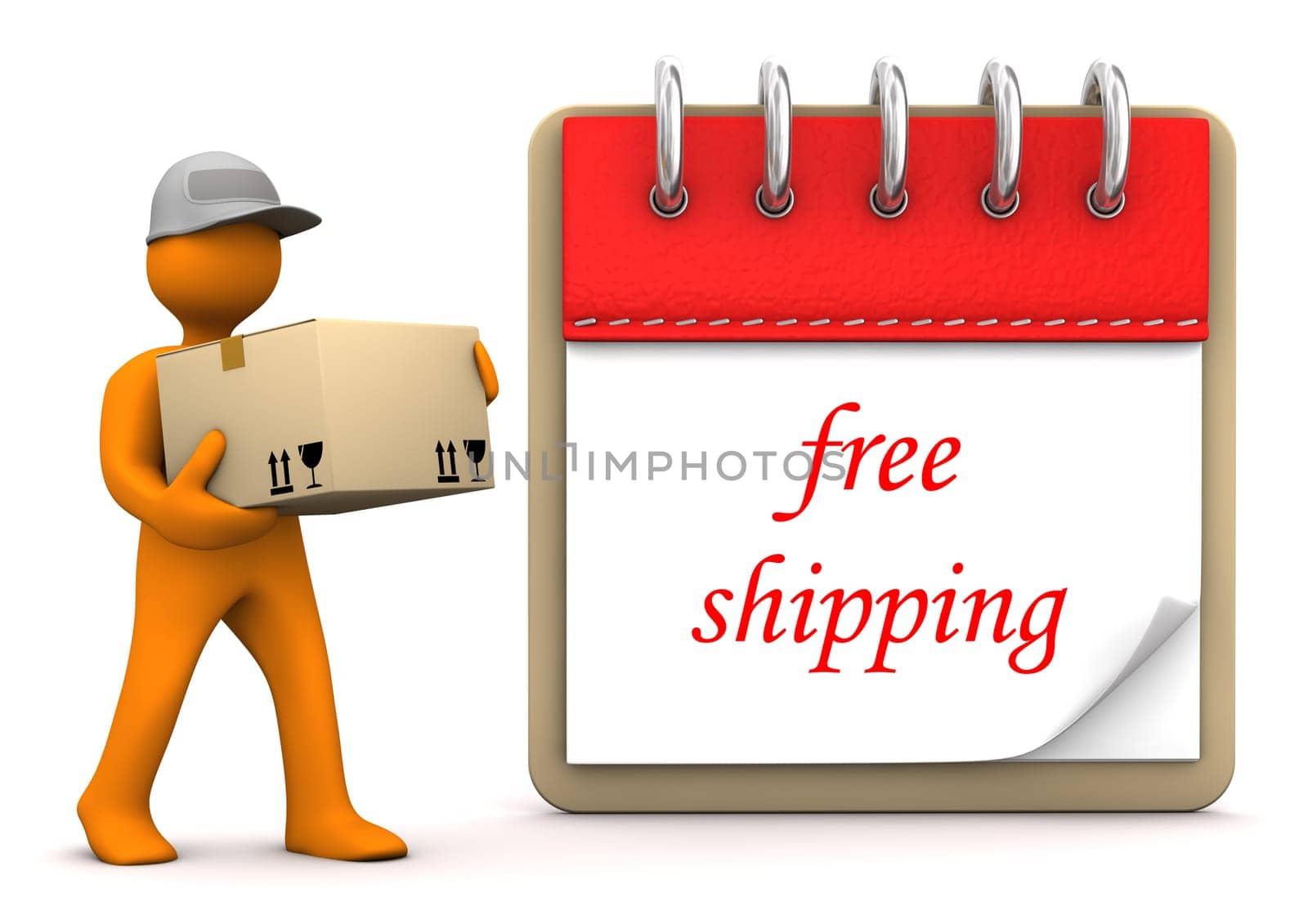 Orange cartoon character with packet and text Free Shipping.