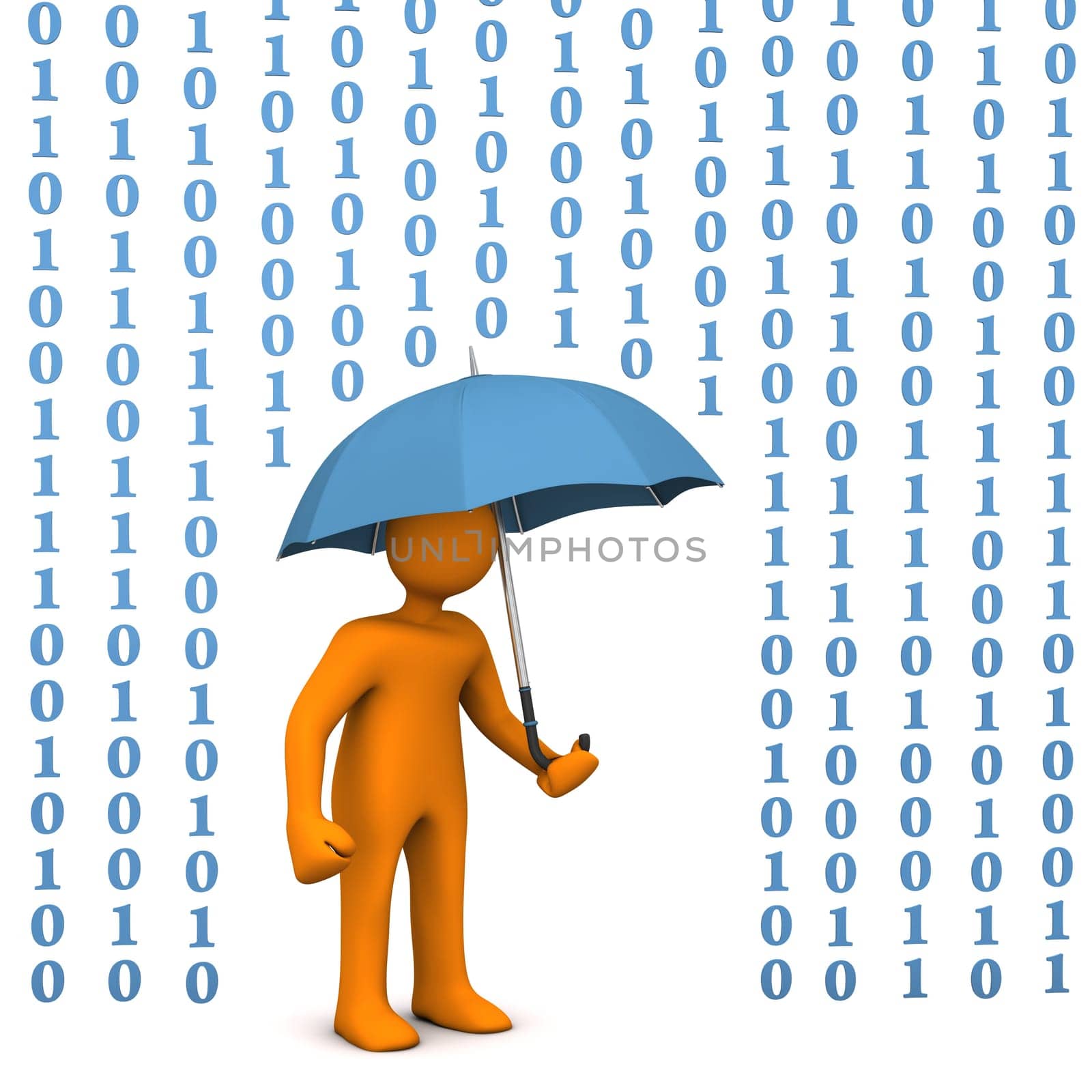 Orange cartoon character with umbrella and data rain.
