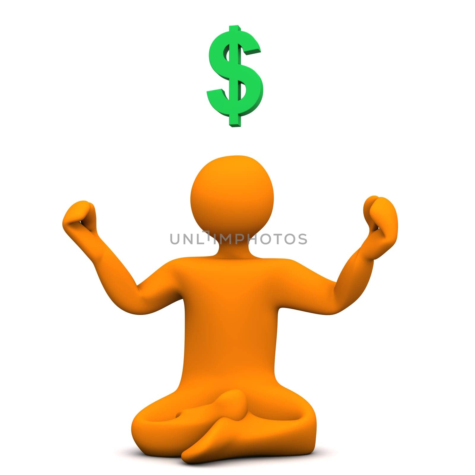 Orange cartoon character with yoga position and symbol of dollar.