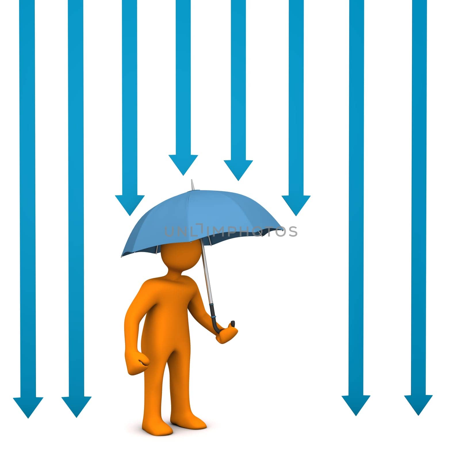 Orange cartoon character with umbrella and blue arrows.
