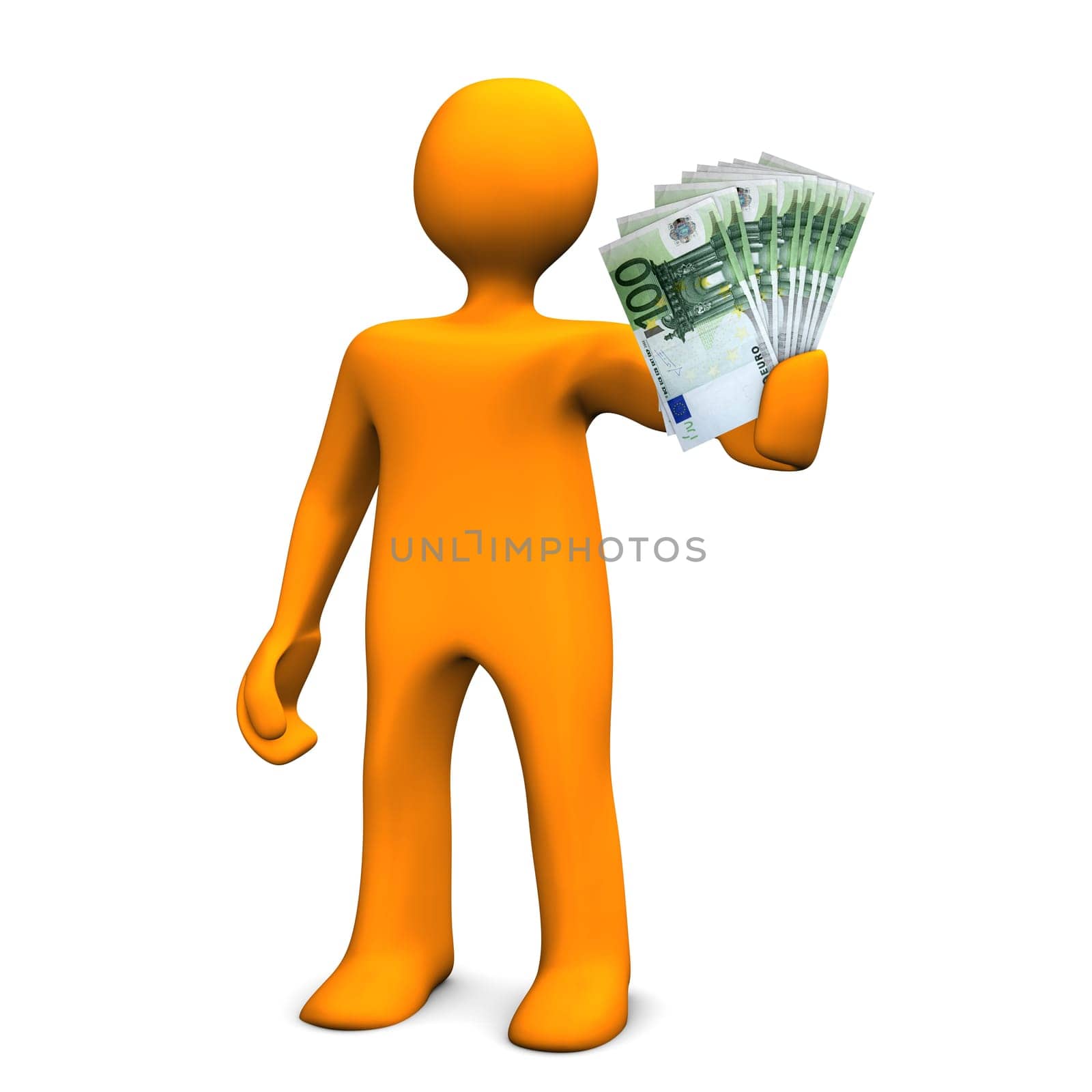 Oragen cartoon character allures with money. White background.
