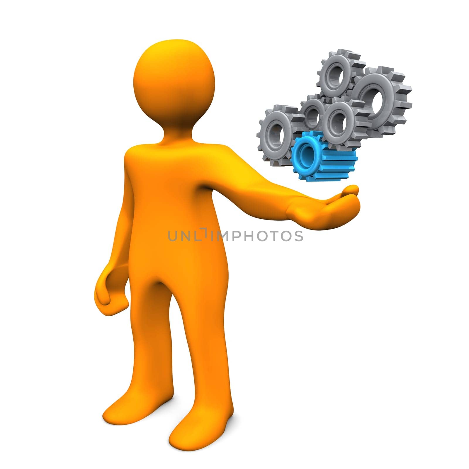 Orange cartoon character as mechanical engineer with gears.