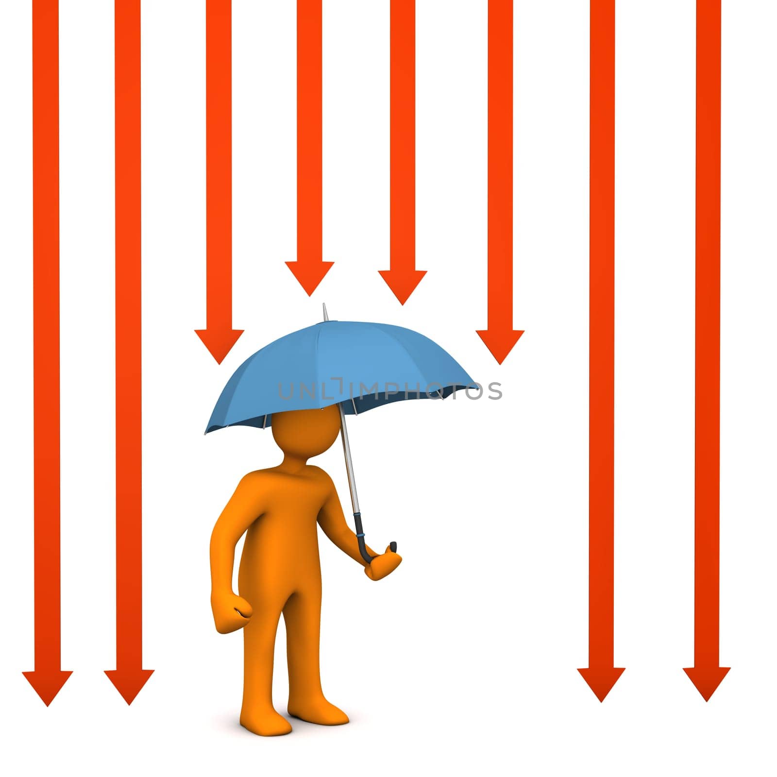 Orange cartoon characer with umbrella and sun light arrows.