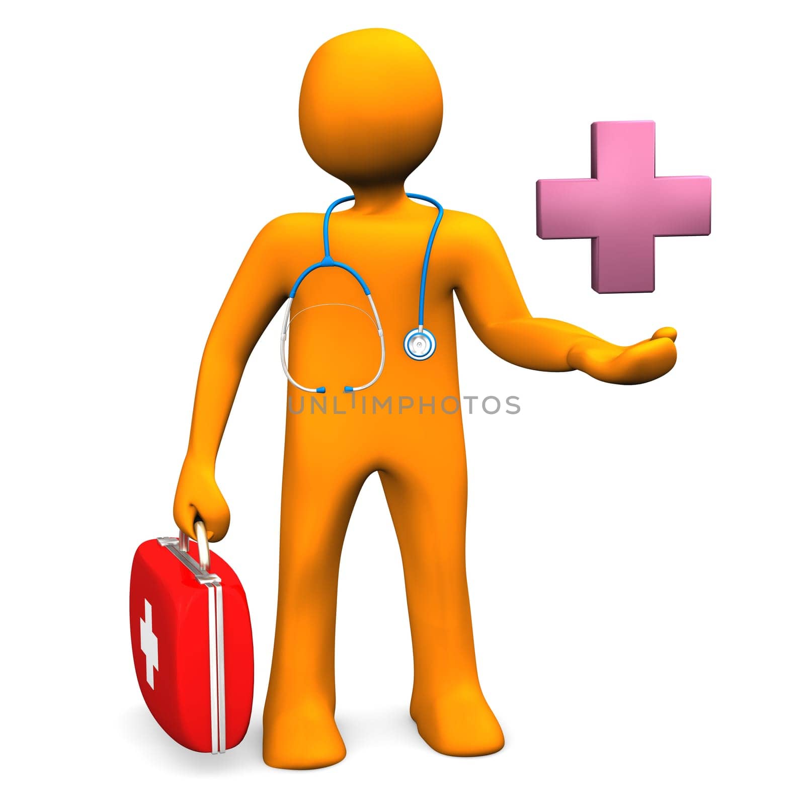 Orange cartoon character with stethoscope, emergency case and cross. White background.