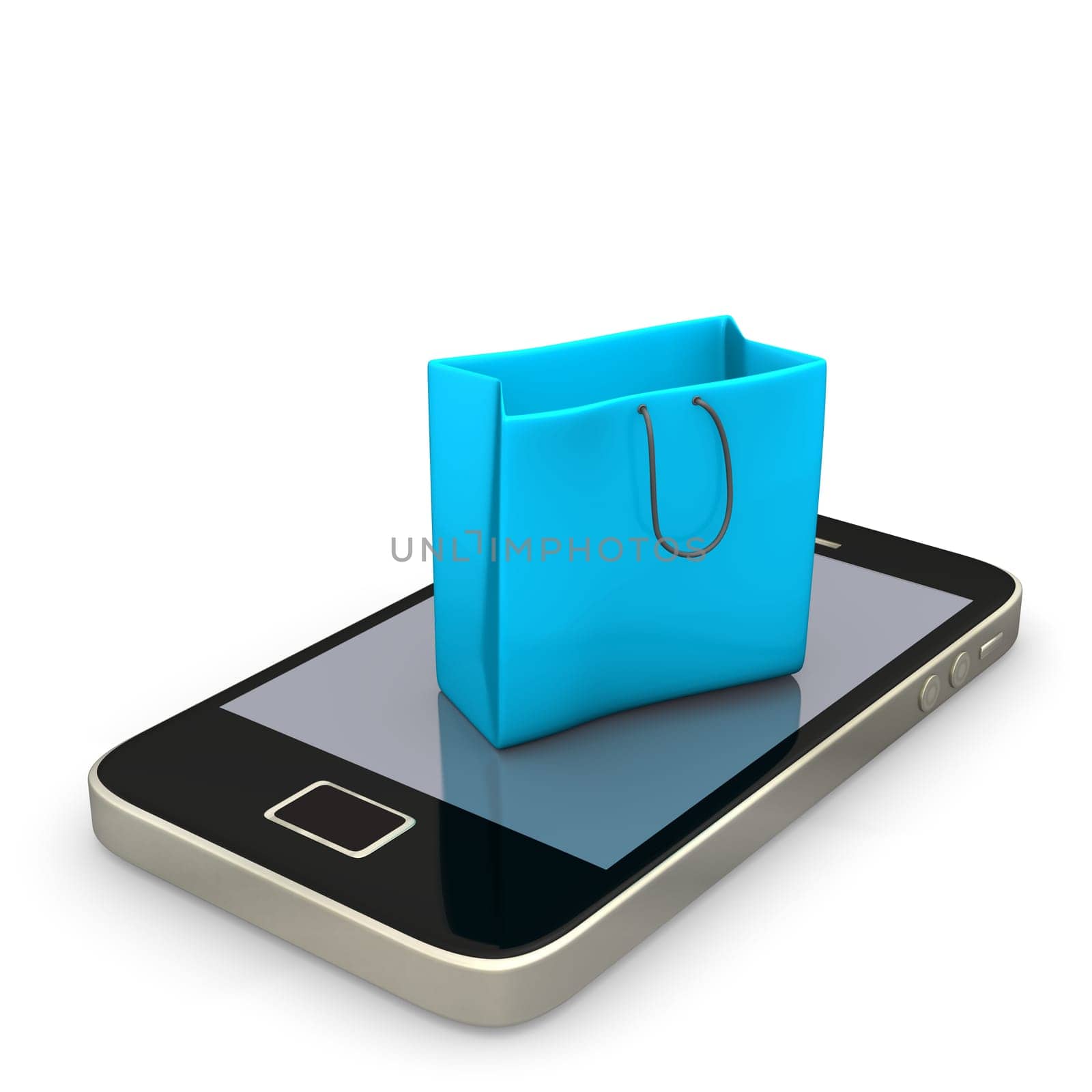 Smartphone with blue shopping bag on the white background.