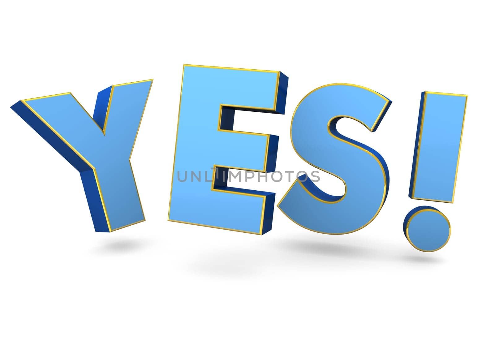 Blue text Yes! on the white background. 3d illustration.