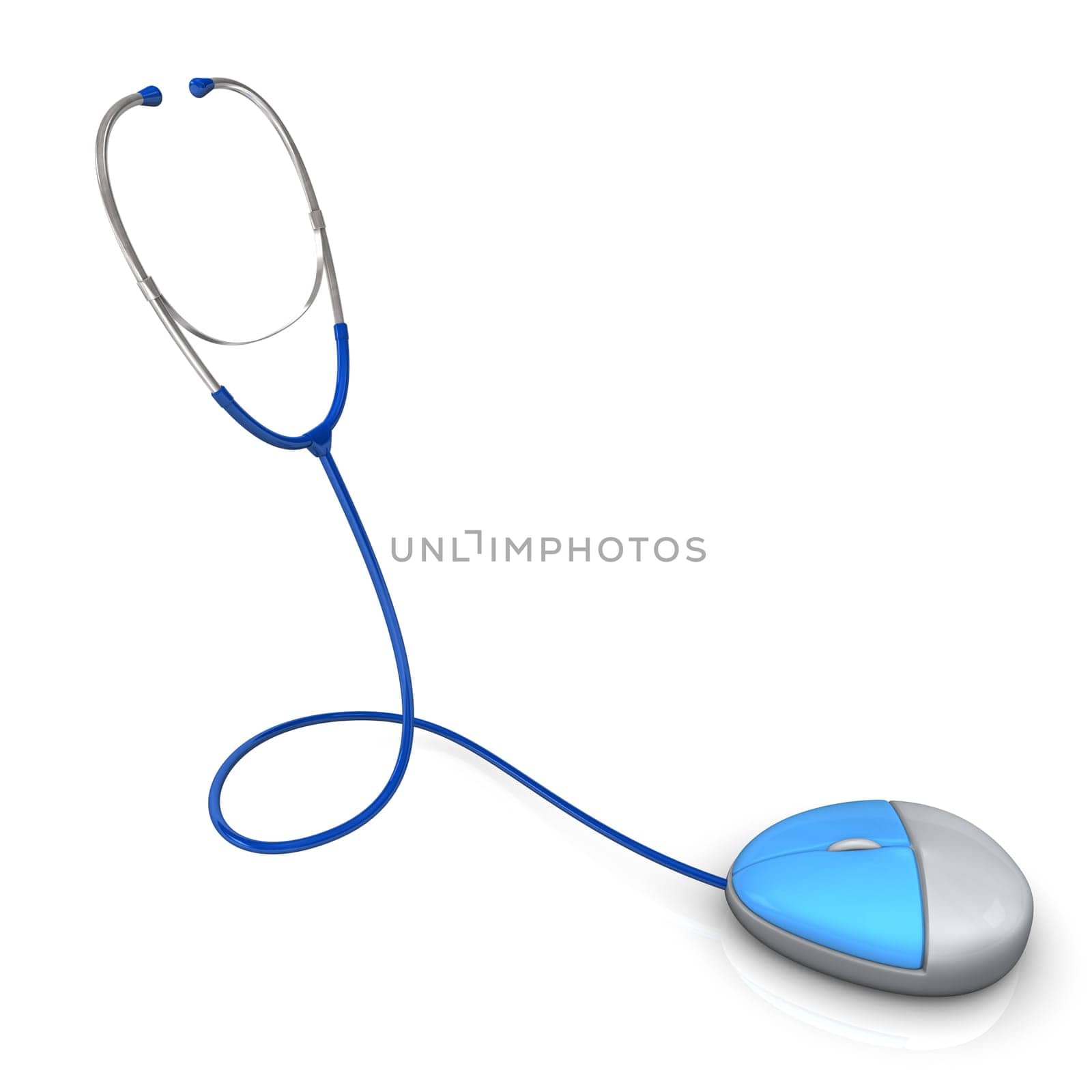 Blue stethoscope with pc mouse on the white background.
