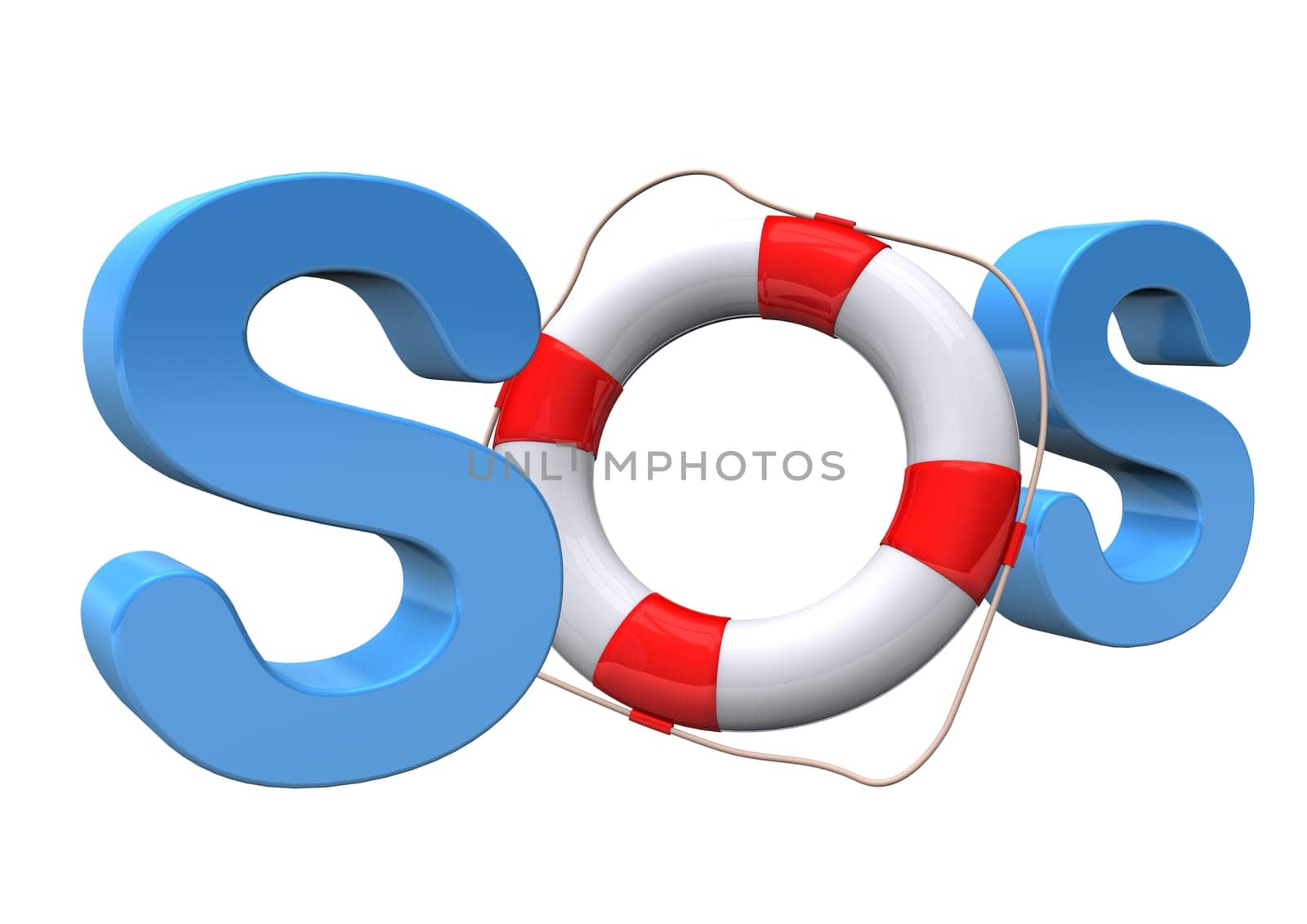 Blue text SOS with lifebelt on the white background.