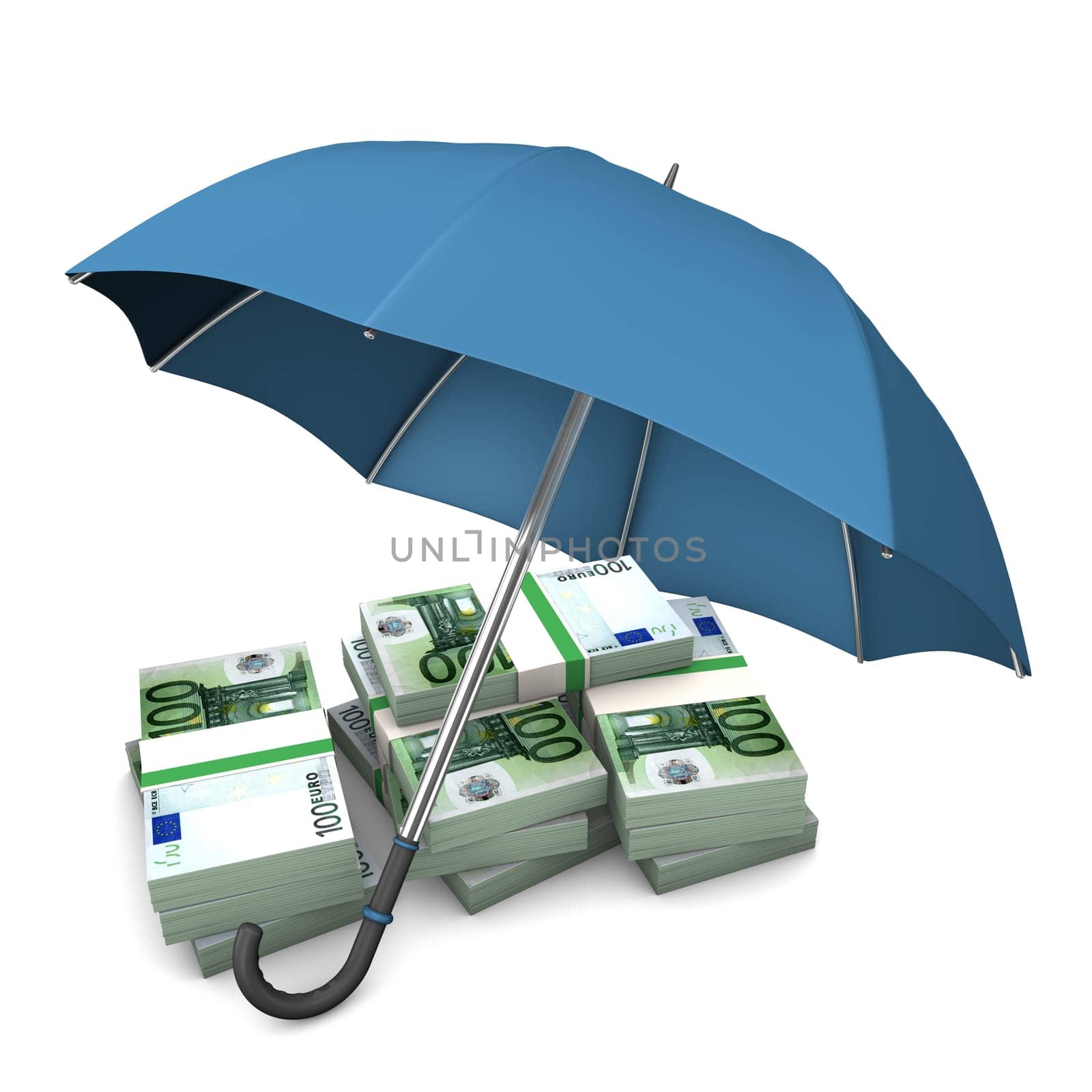 Euro notes with blue umbrella on the white background.