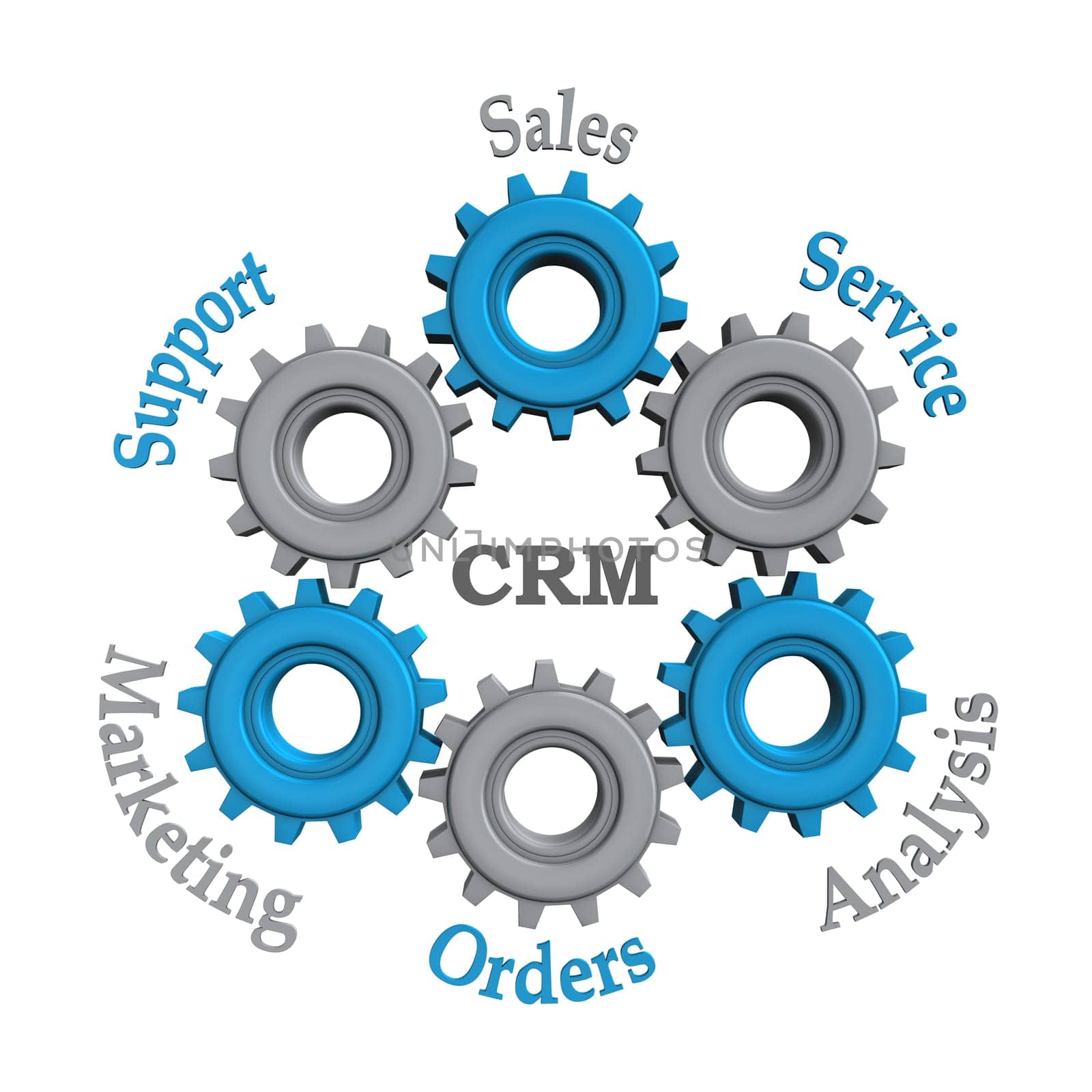 Customer Relationship Managementwork with blue and grey gears on the white background.