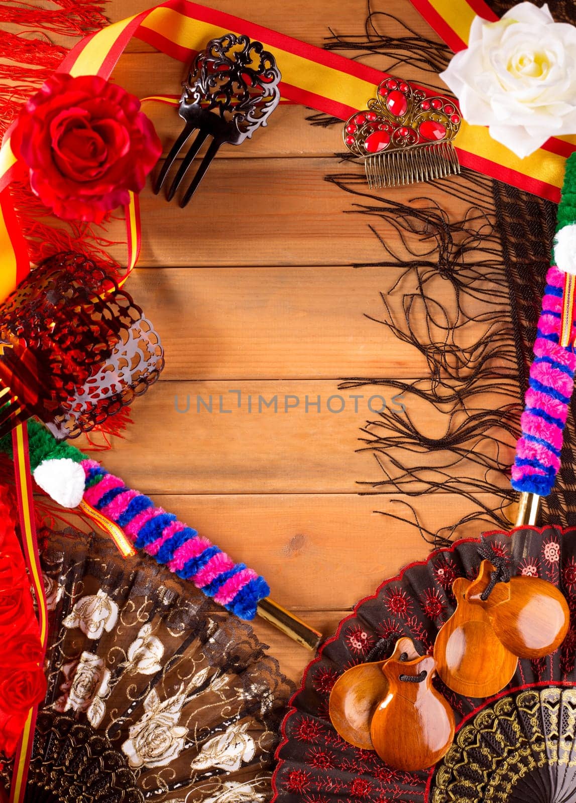 Espana typical from Spain with castanets rose fan bullfighter and flamenco comb