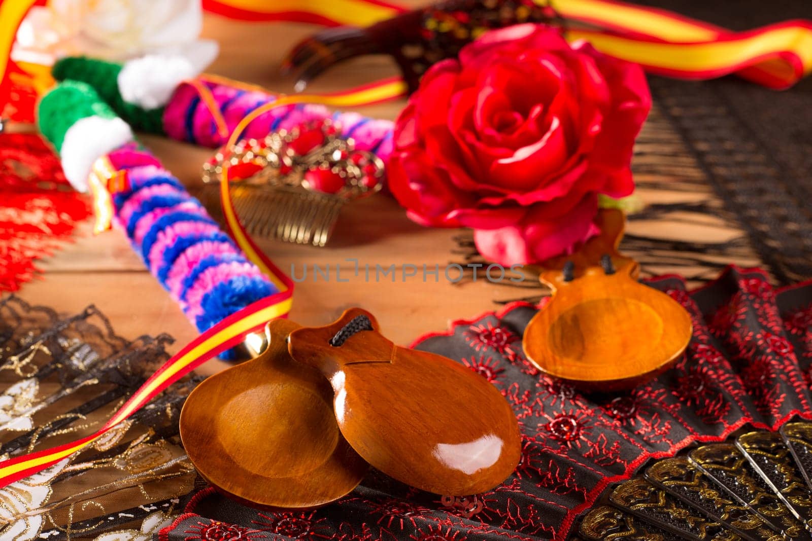 Espana typical from Spain with castanets rose fan bullfighter and flamenco comb