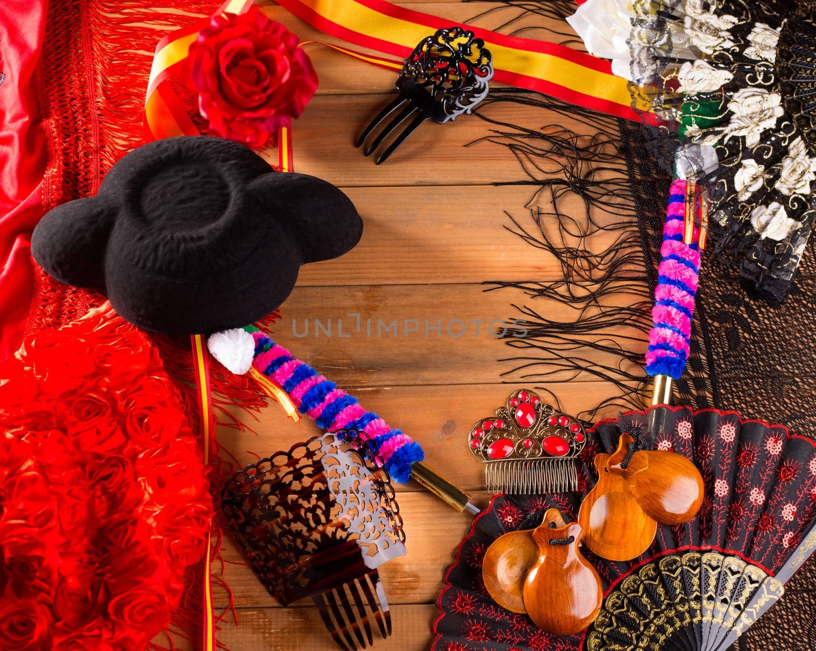 Bullfighter and flamenco typical from Espana Spain torero hat castanets comb flag and rose