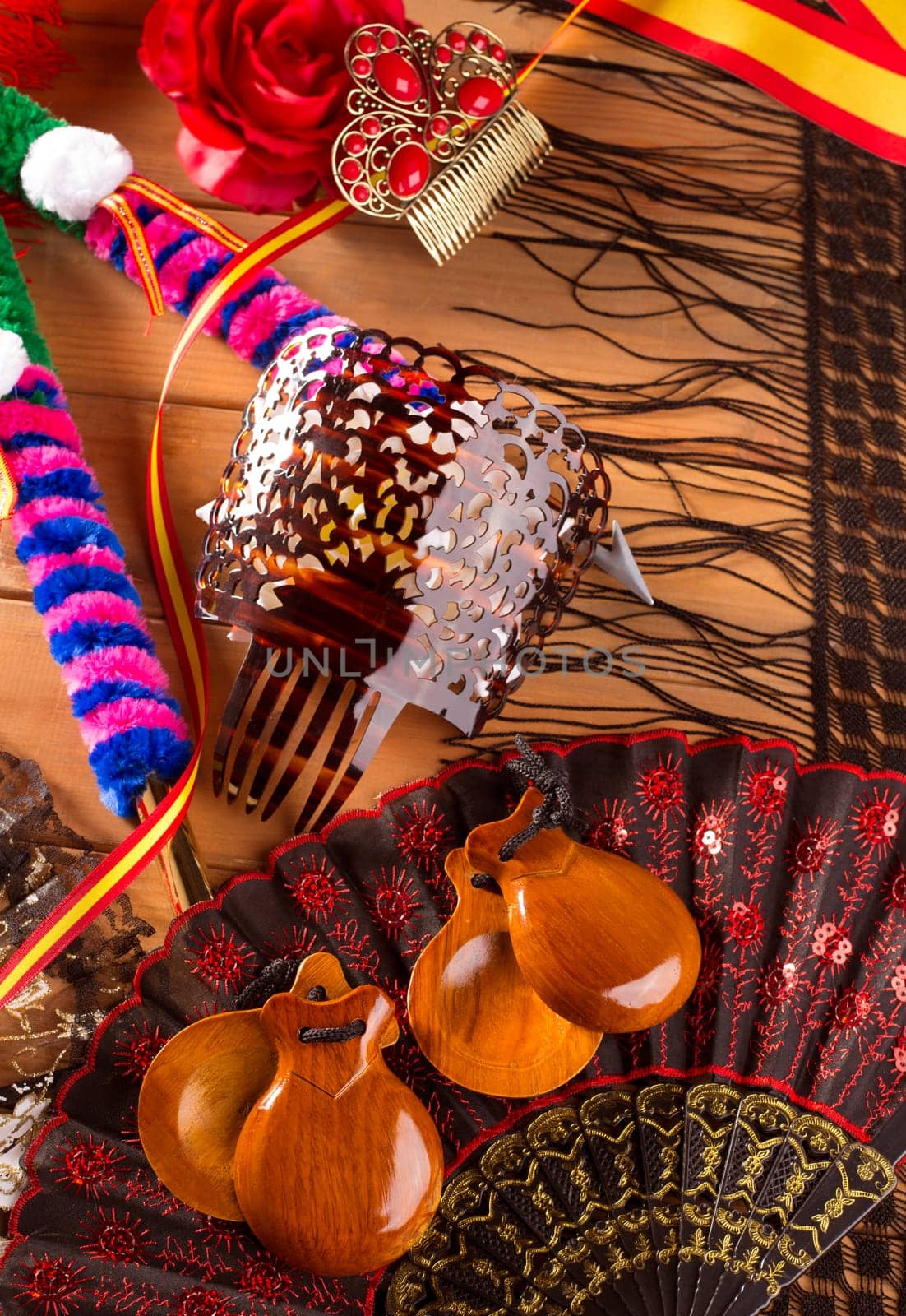 Espana typical from Spain with castanets rose fan bullfighter and flamenco comb