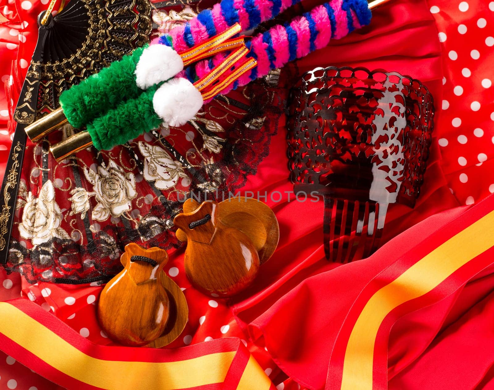 Espana typical from Spain with castanets rose fan bullfighter and flamenco comb