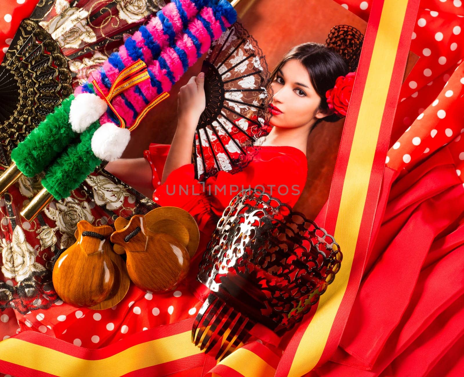 Flamenco woman with bullfighter and typical Spain Espana elements like castanets fan and comb