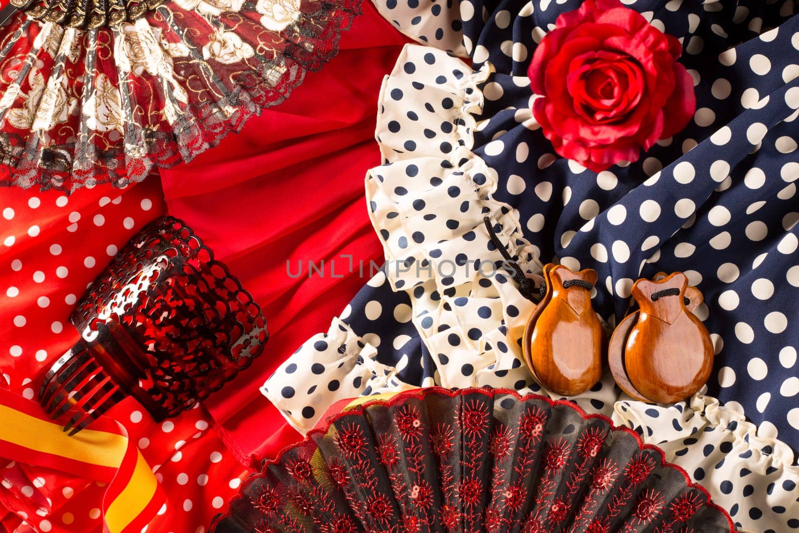 Espana typical from Spain with castanets rose fan and flamenco comb and dress
