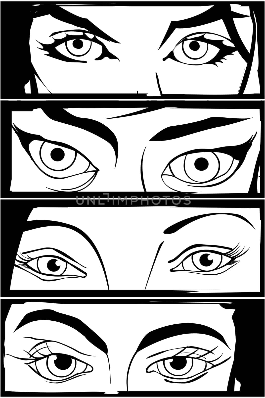 Comic style drawign of four different woman eyes