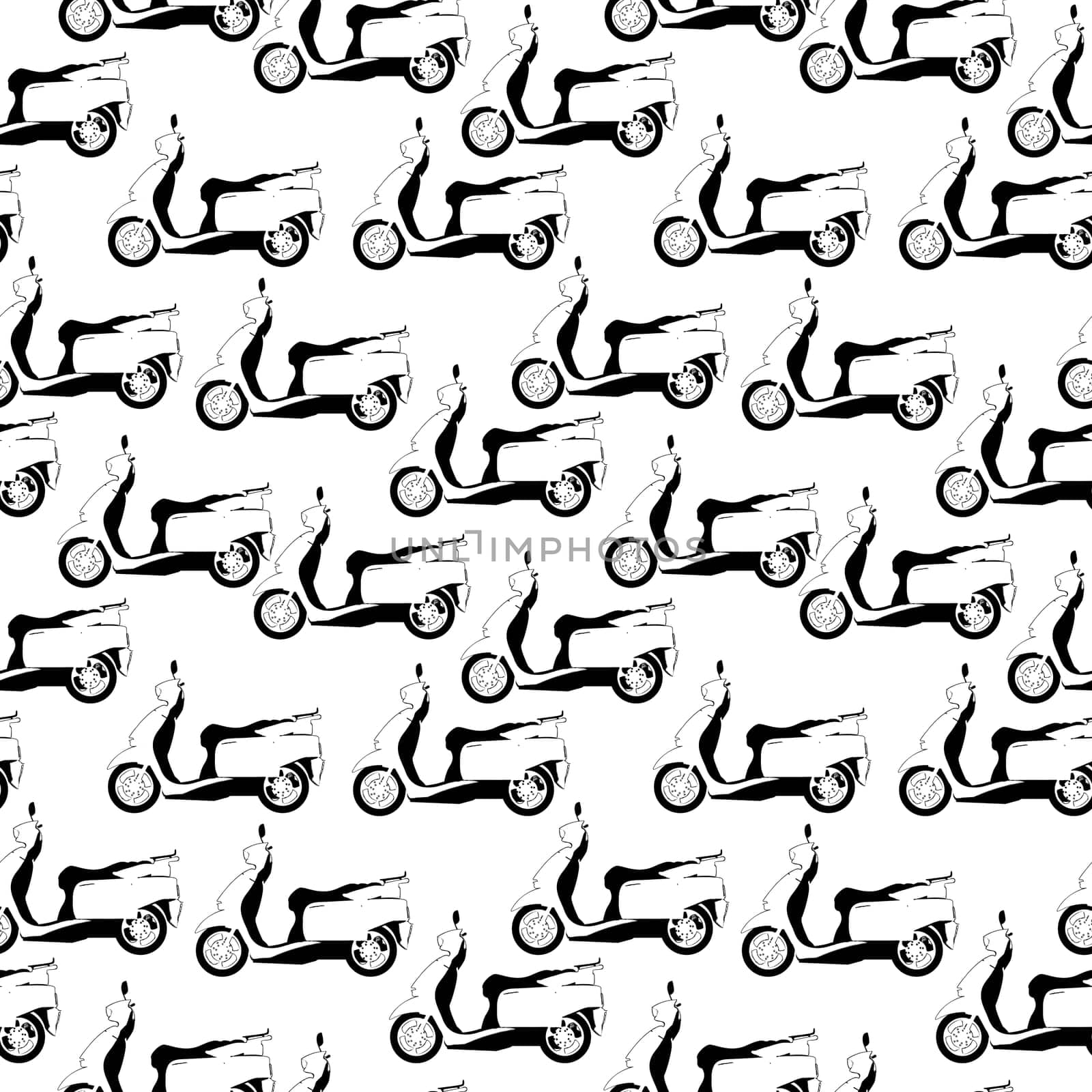 Black and white  seamless pattern with scooters