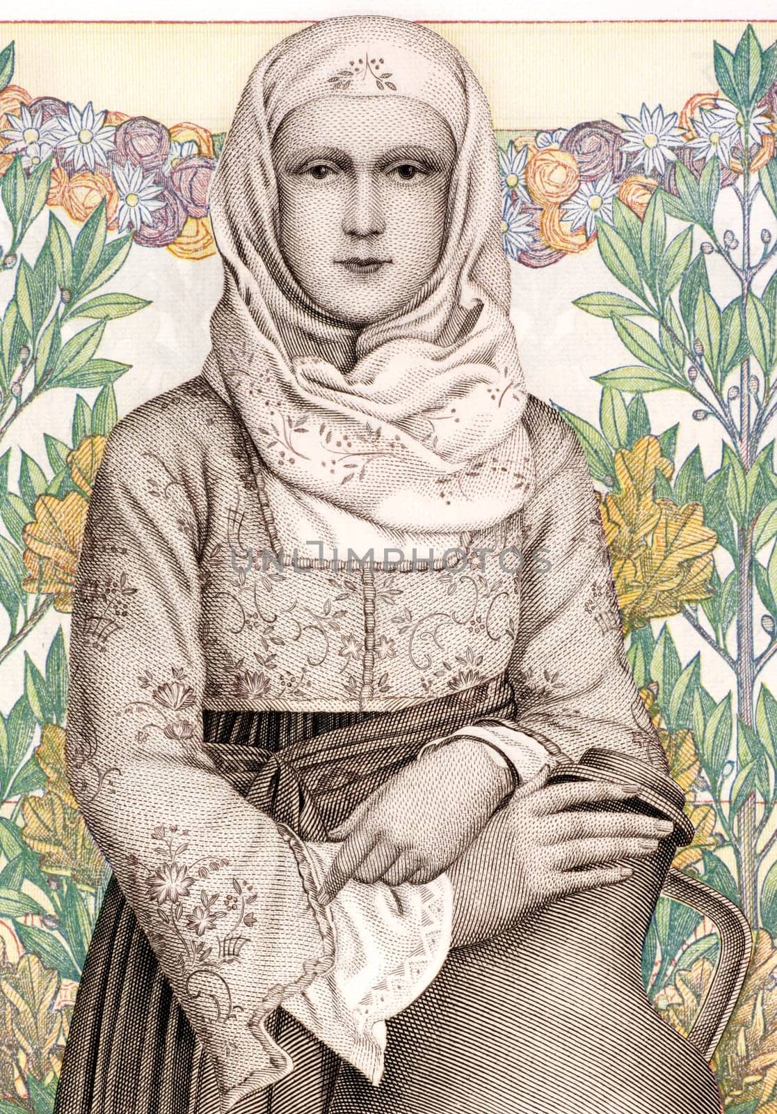 Girl in National Costume on 1000 Drachmai 1935 from Greece.