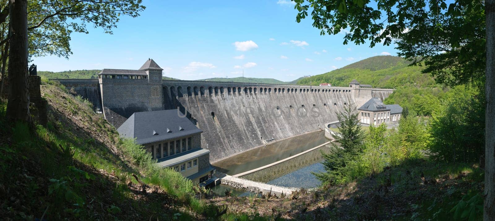 Panorama-Shot of the 46 meters high dam of lake Edersee, one of Germans's biggest lakes.