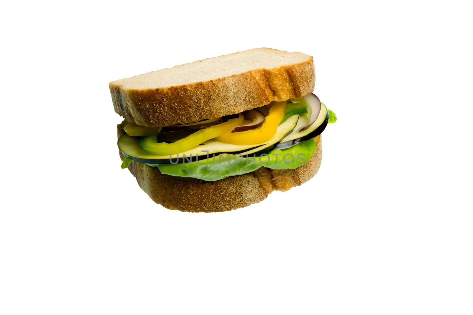Veggie Sandwich made with lettuce, eggplant and onion isolated on white background