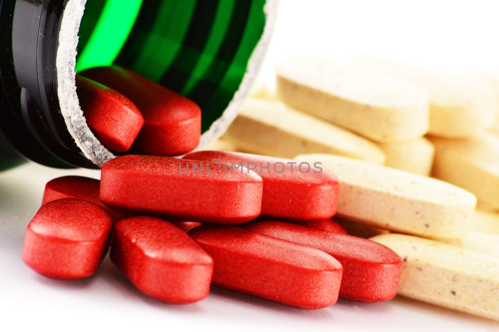 Composition with drug pills isolated on white background