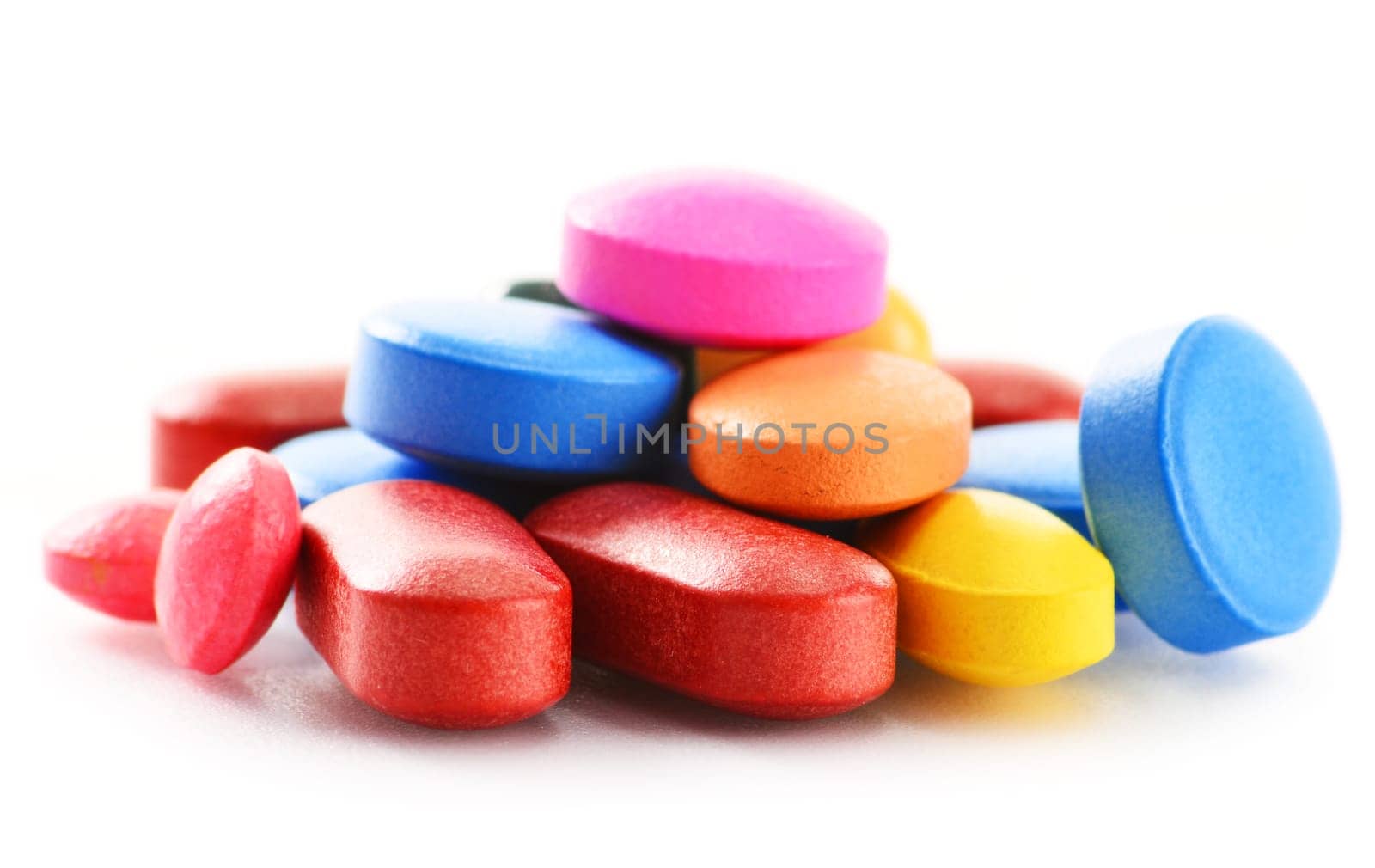 Composition with drug pills isolated on white background