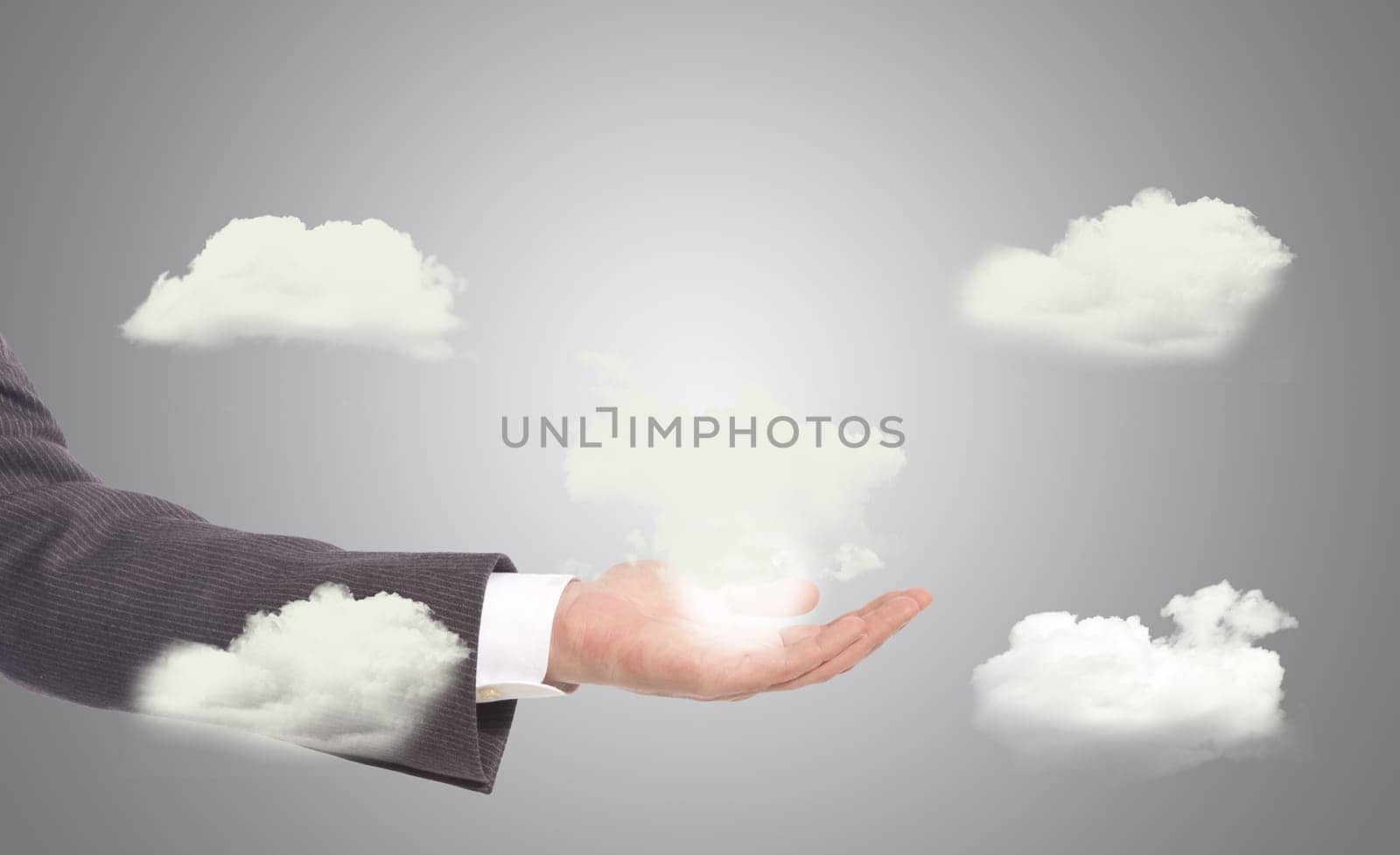 social cloud network in hands, grey background
