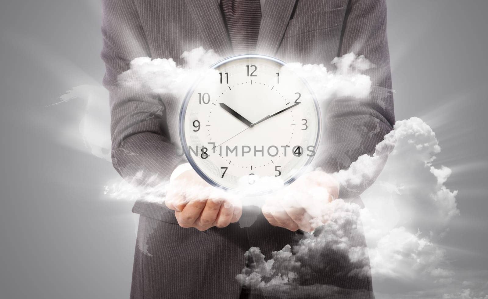 Business man holding clock, world map from www.lib.utexas.edu