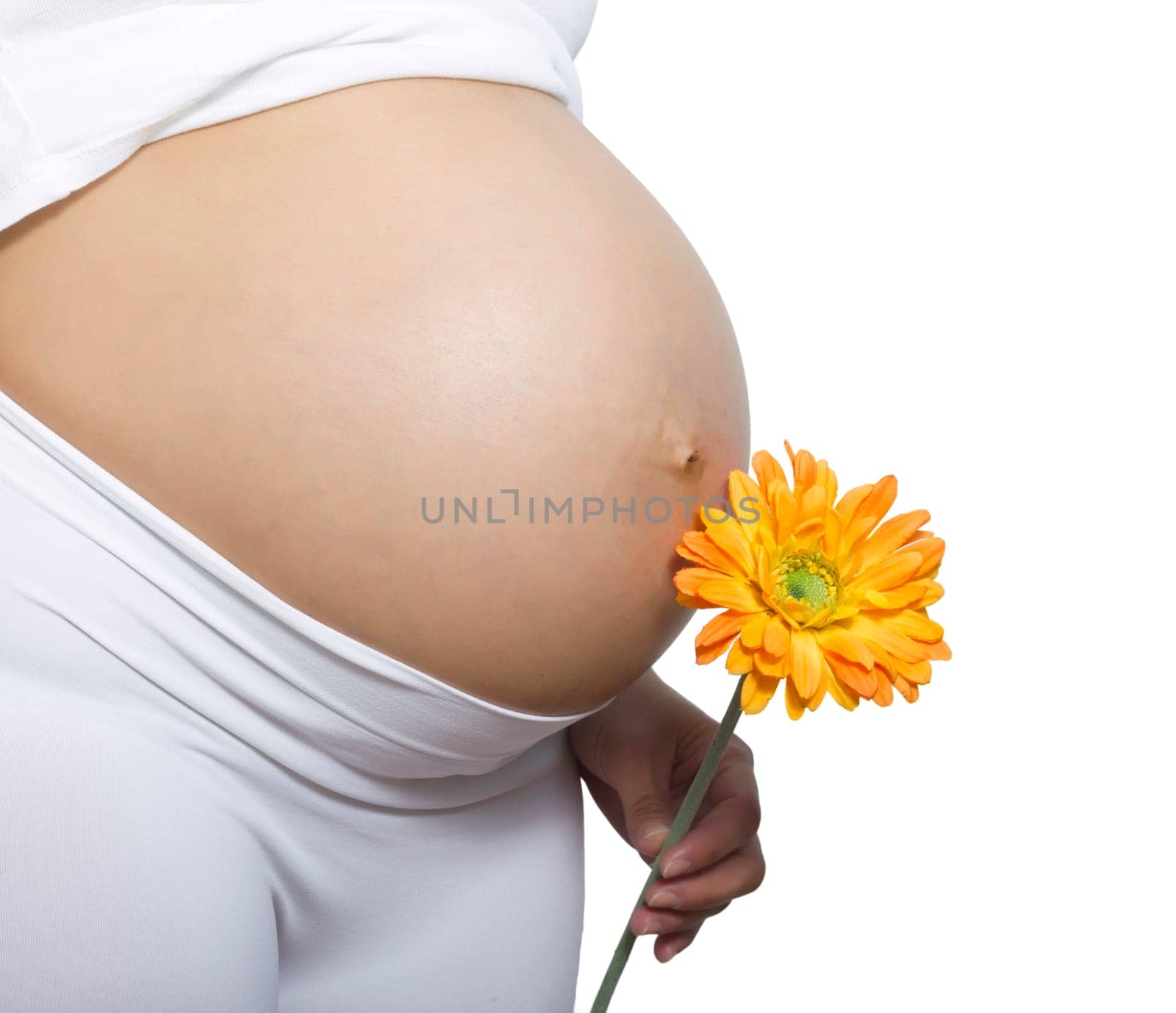 pregnant woman holding her belly and a flower