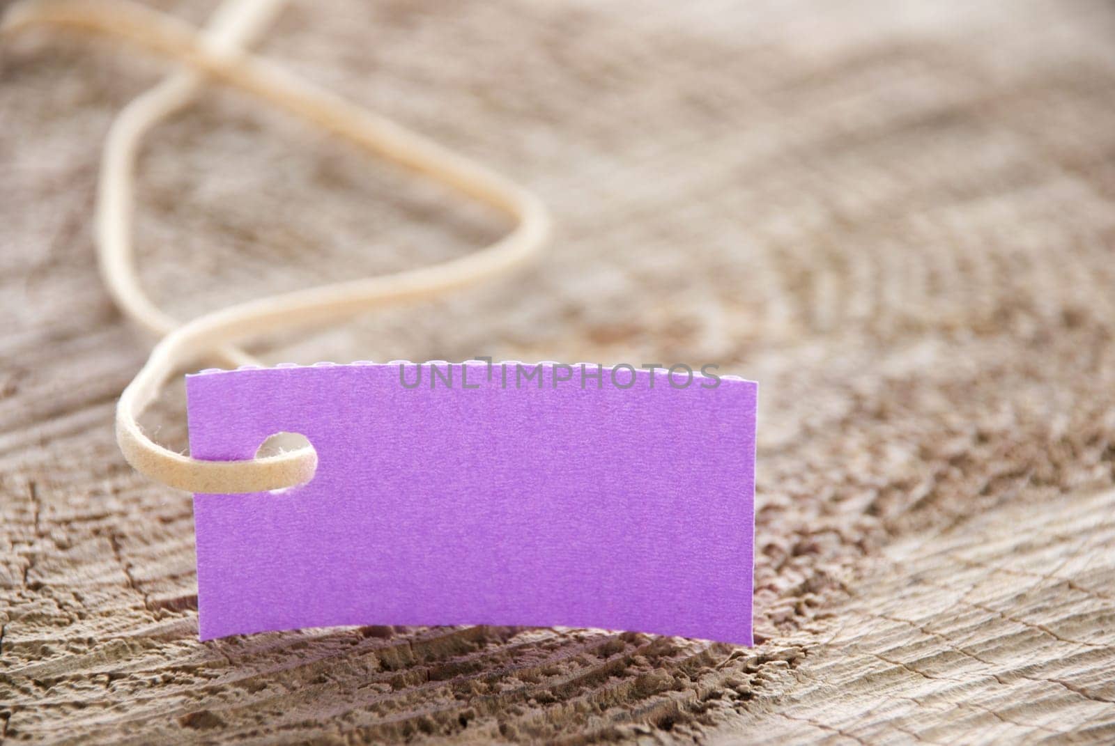 a purple label tag with copy space on a trunk of wood
