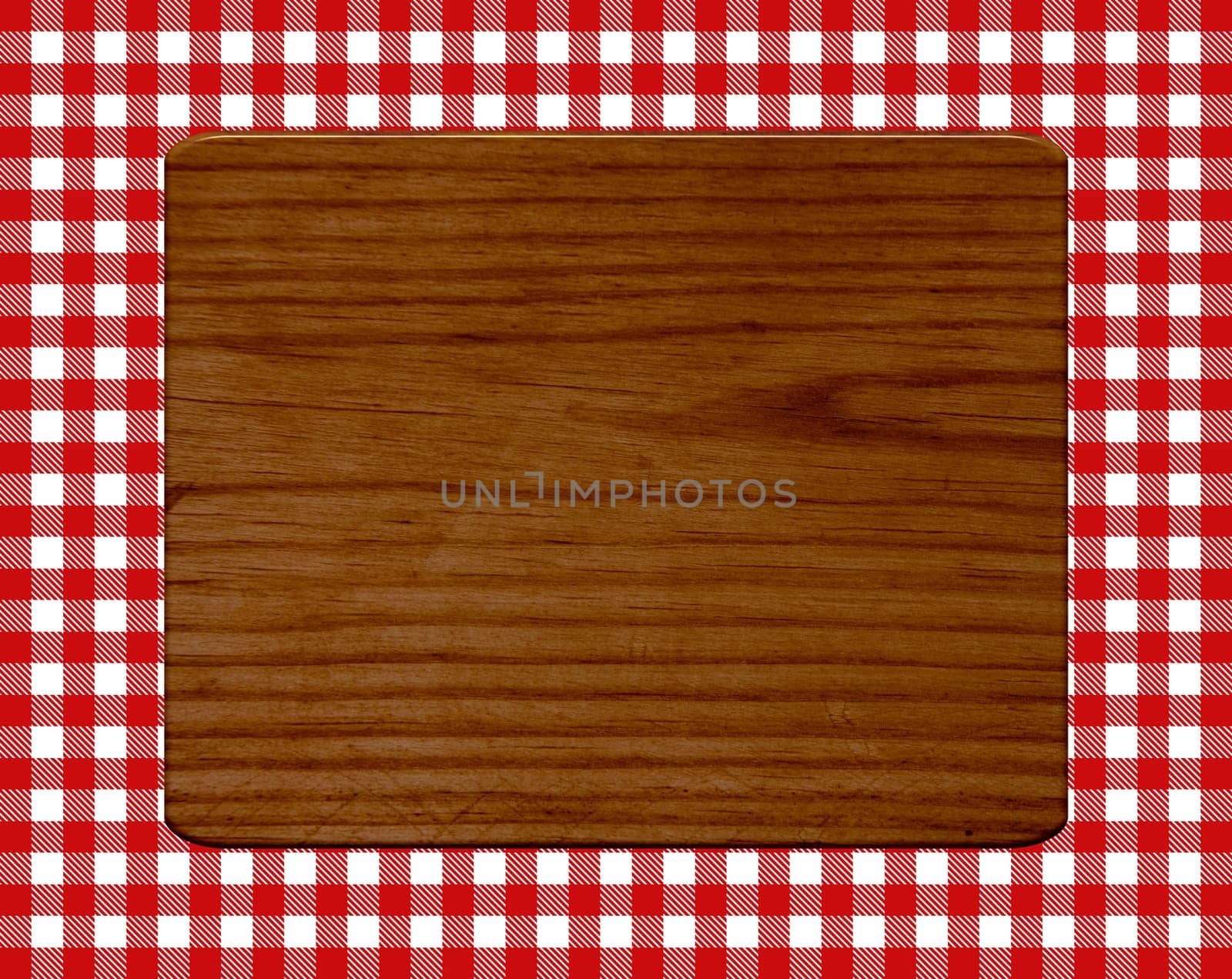 Breakfast board on red and white tablecloth pattern