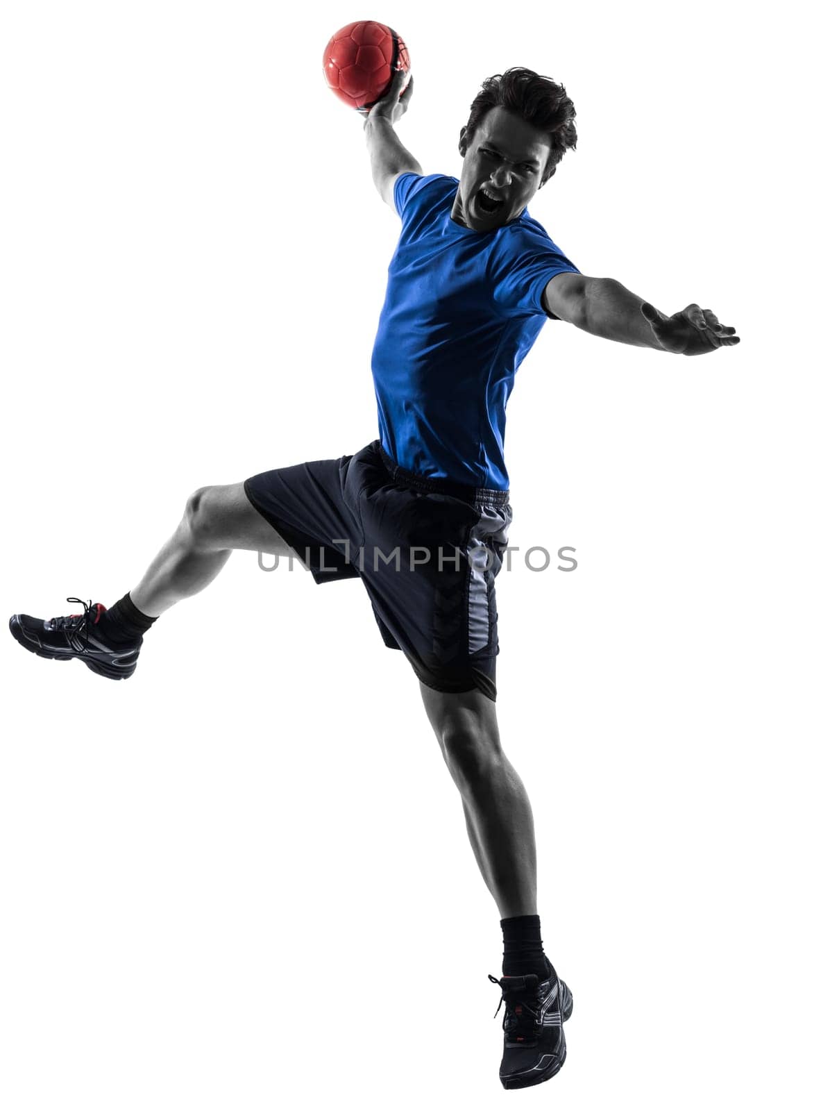 one caucasian young man exercising handball player in silhouette studio  on white background