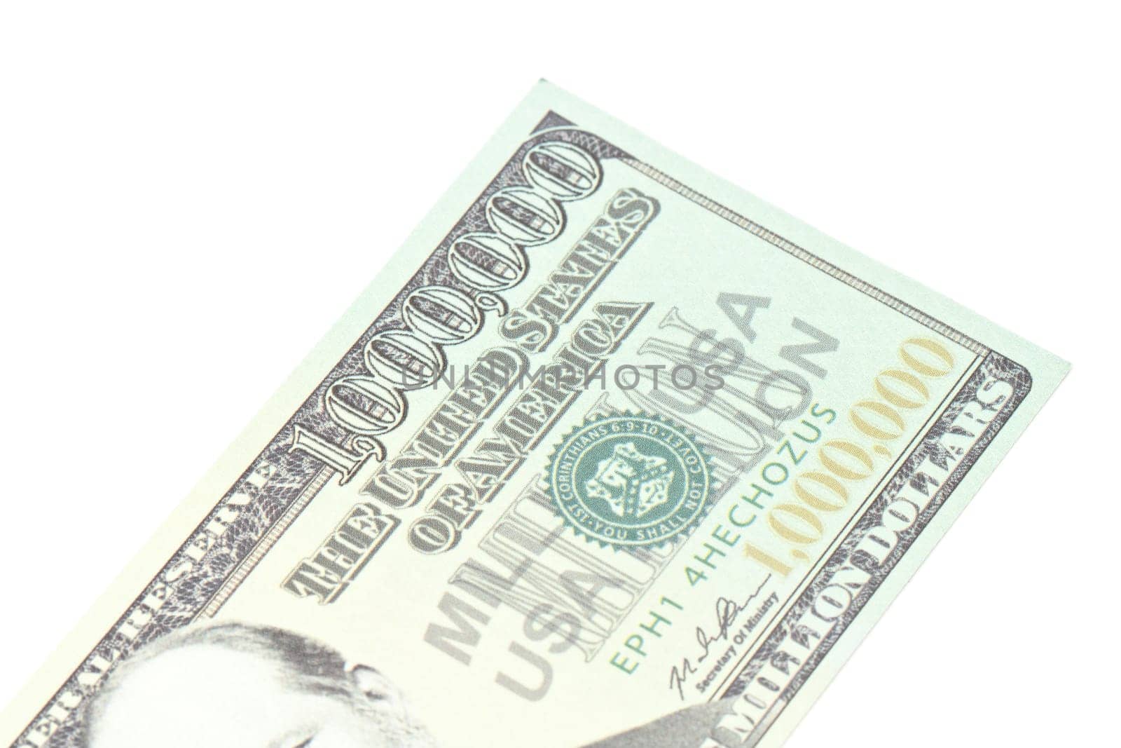 One million dollars banknote closeup isolated on white background