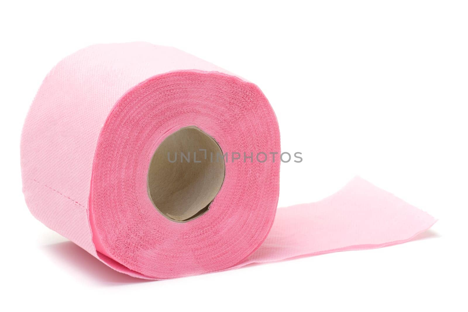 Pink toilet paper on white background