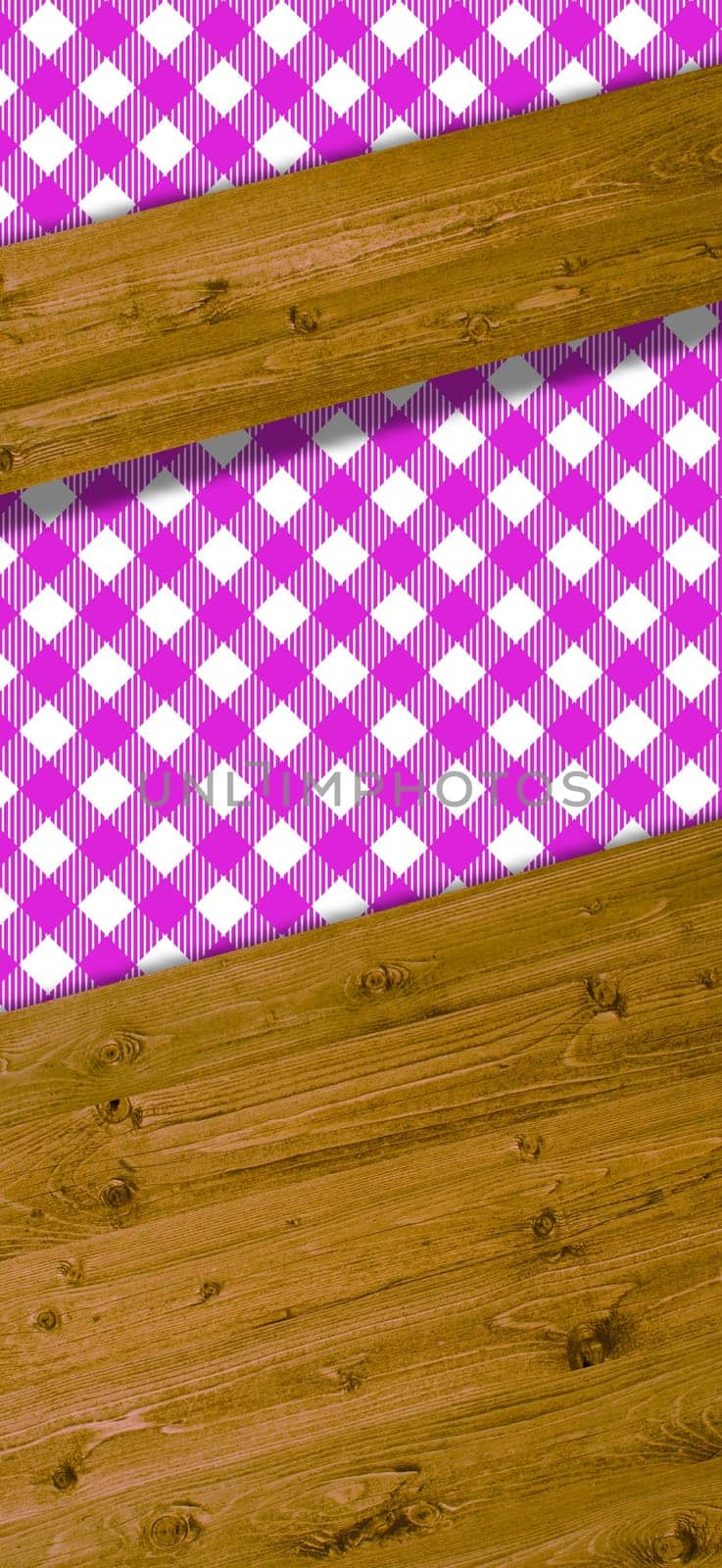 Wooden boards as text background with tablecloth in white and pink
