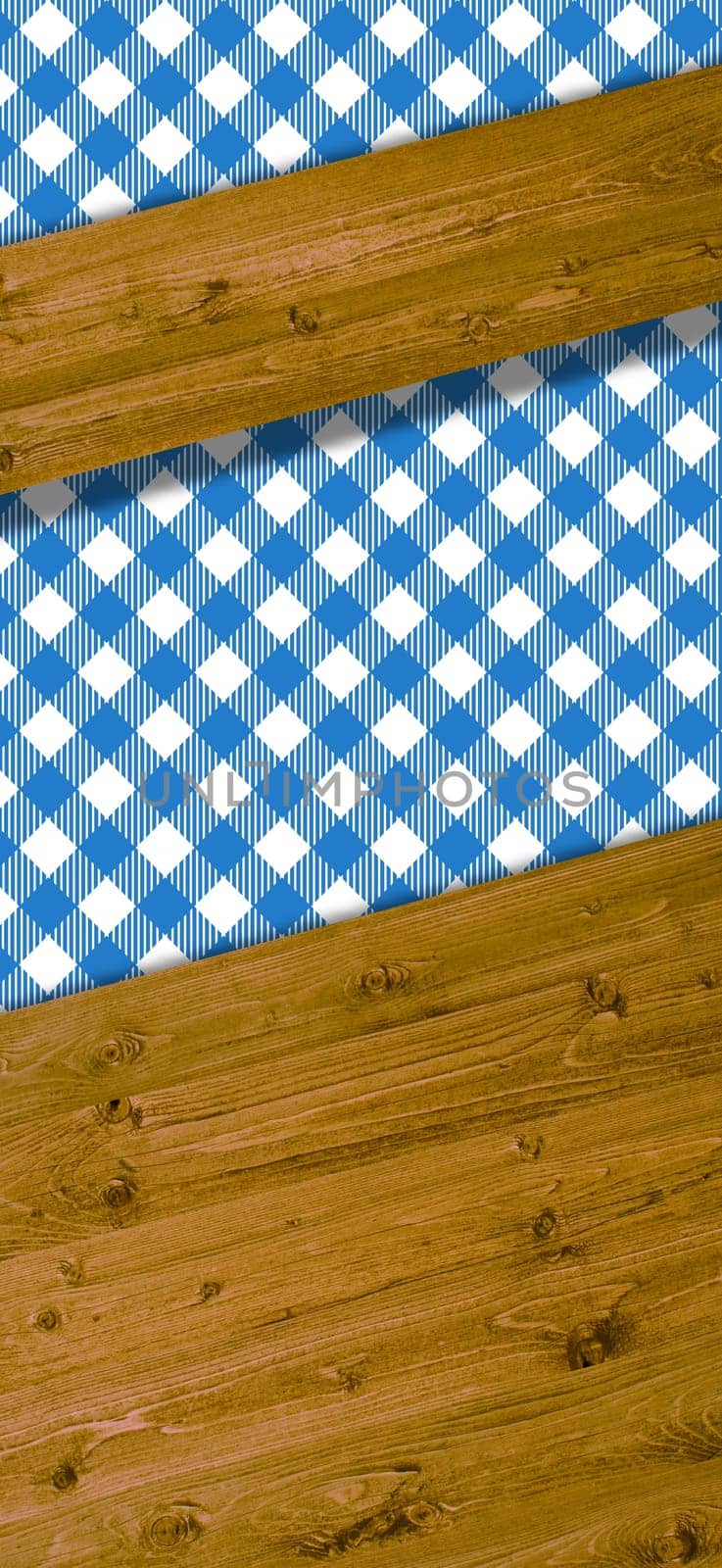 Wooden boards as text background with tablecloth in white and blue