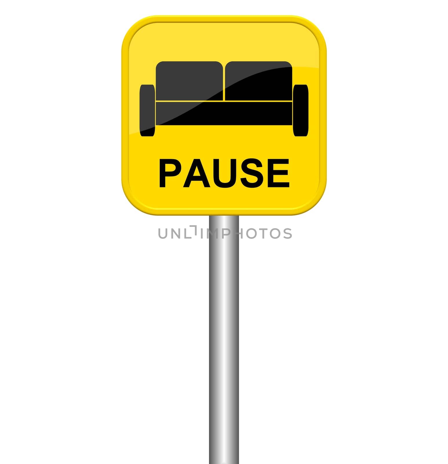Yellow sign with sofa Symbol: Pause