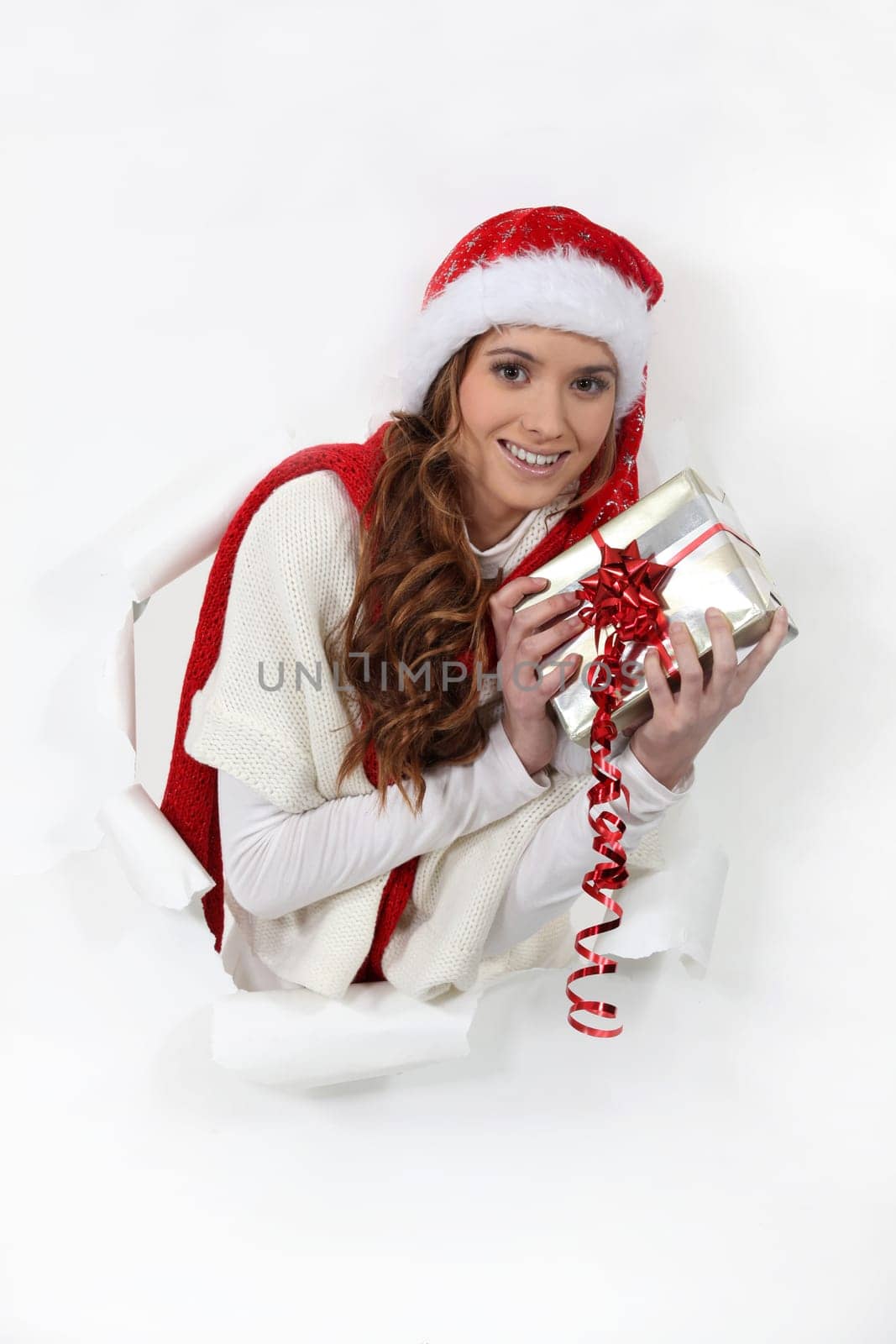 Festive woman holding gift